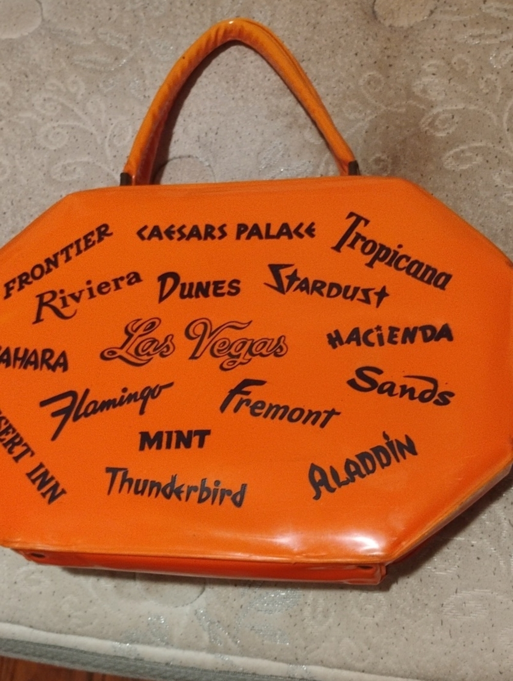 Vintage 1960s Orange Women's Handbag with Las Vegas Print